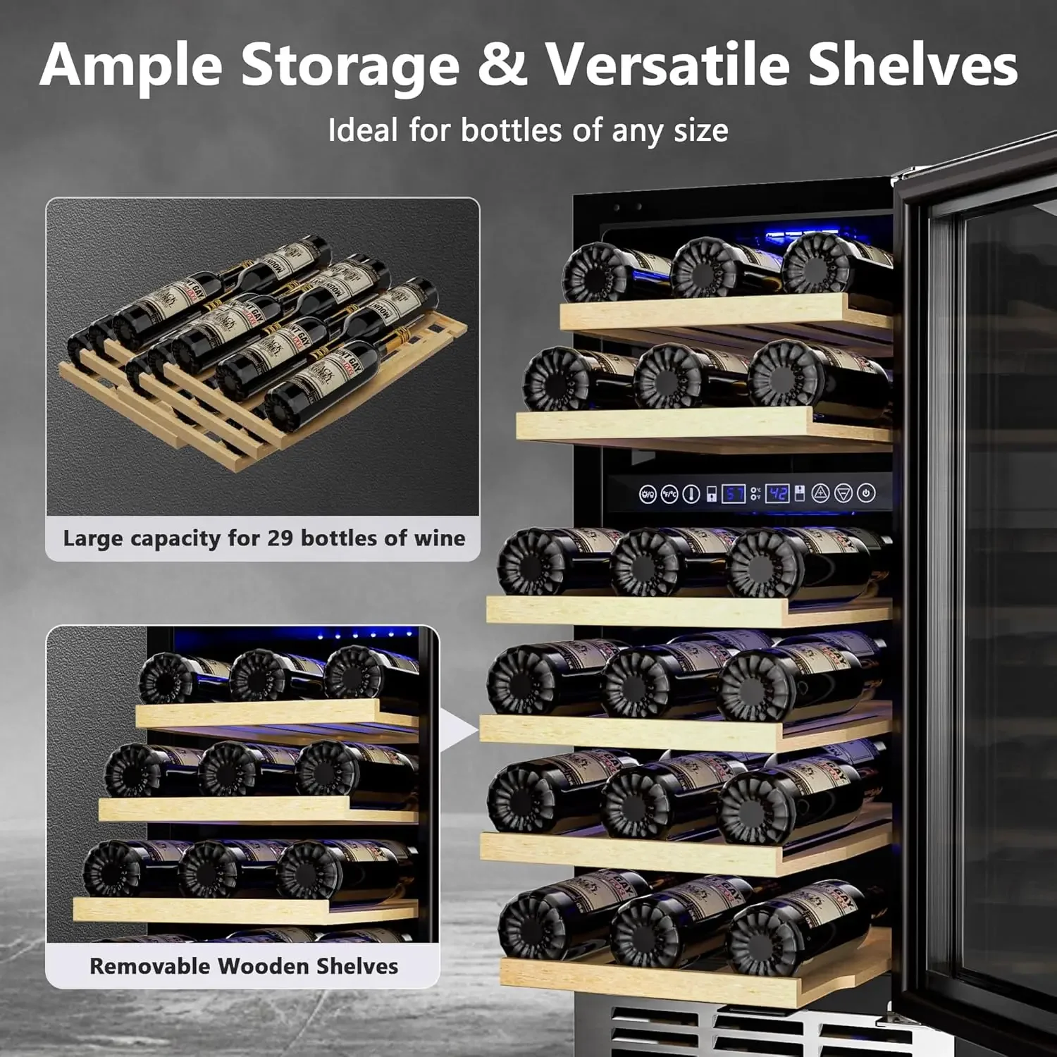 15 Inch Dual Zone Wine Refrigerator, 29 Bottle Under Counter Wine Fridge, Wine Refrigerator for Built-In or