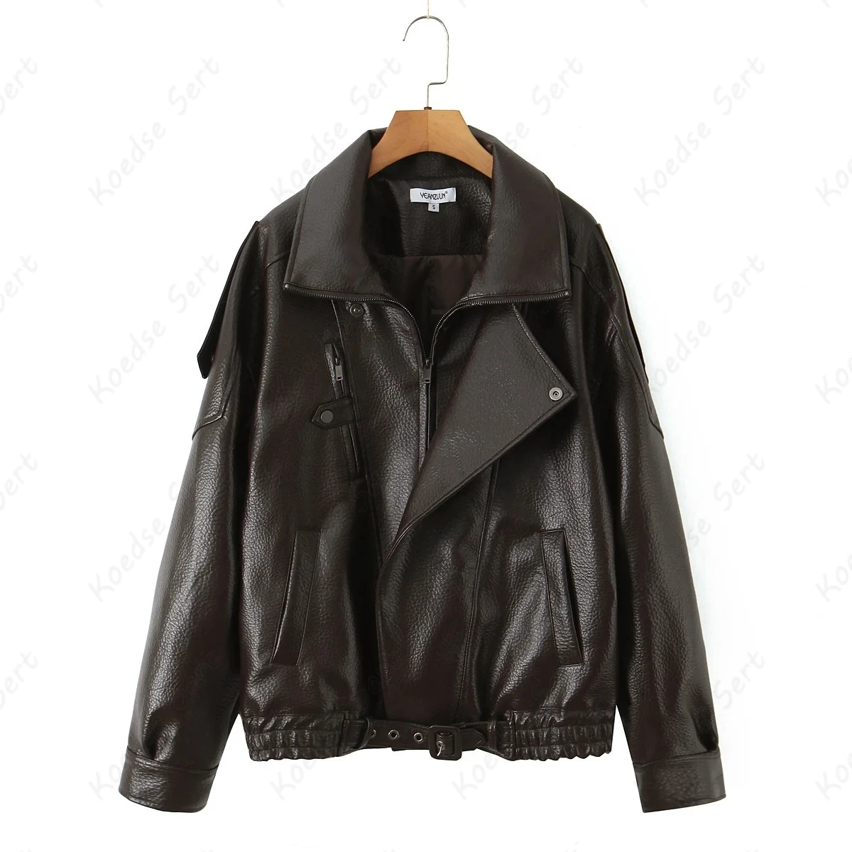

2025 American Retro Brown PU Leather Jacket The Spice Girls Lapel Zipper Boyfriend Coat Women Elastic Hem Loose Outerwear Black