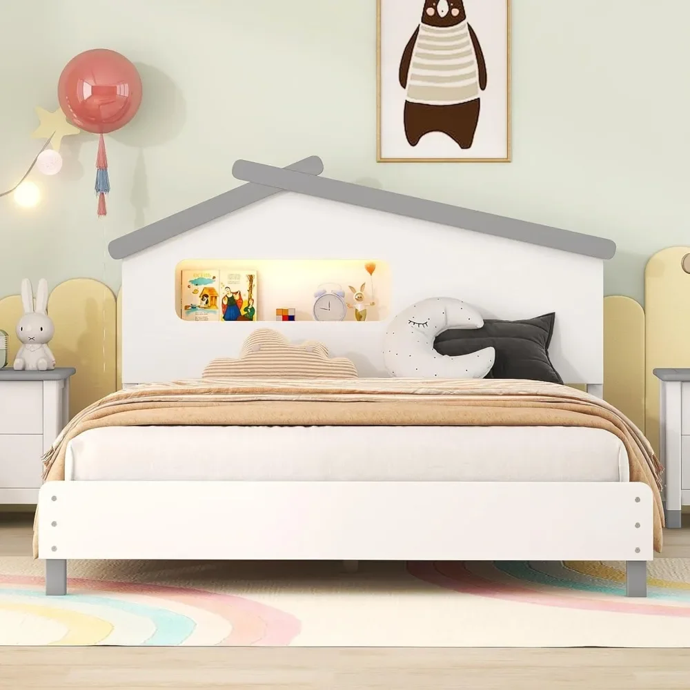 

Full Size Wood Platform Bed Frame for Boys Girls Kids Adults with House-Shaped Headboard and Motion Activated Night Lights