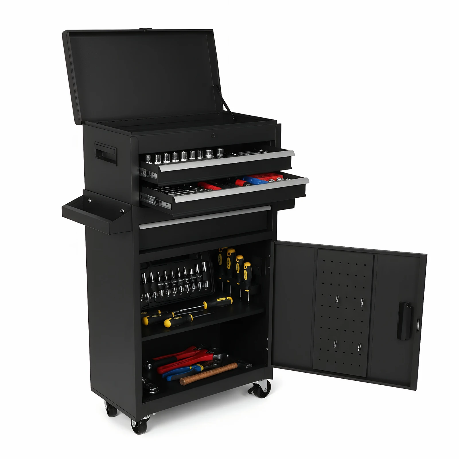 

Large Detachable Toolbox with Double Door & Wheels Lockable Mechanic Tool Box Large Capacity Workshop Tool Chest for Home Office