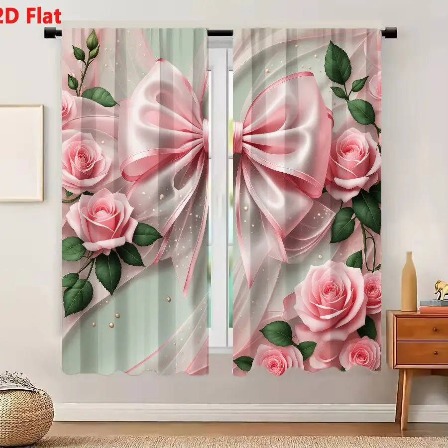 2Pcs Curtains 2D Flat Decorative Arrangement With Pastel Tones Large Shiny Pink Satin Bow Subtle White Edges Surrounded By Pink