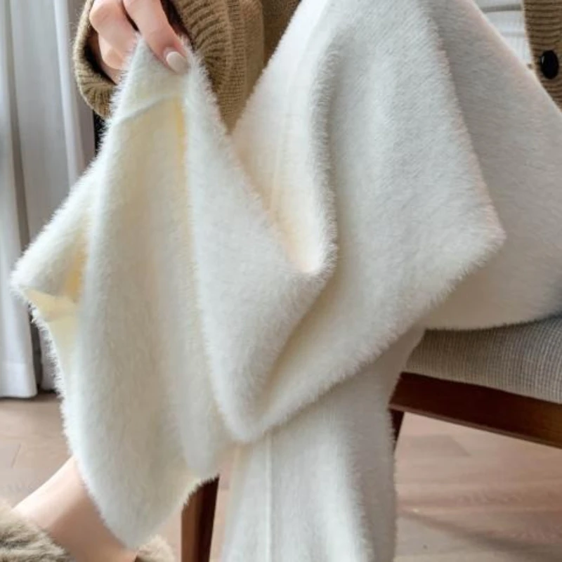 

Solid Color Pants Women's Thick Soft Waxy Knitted Wide-leg Pants in Autumn and Winter High Waist Casual Straight Mop Pants