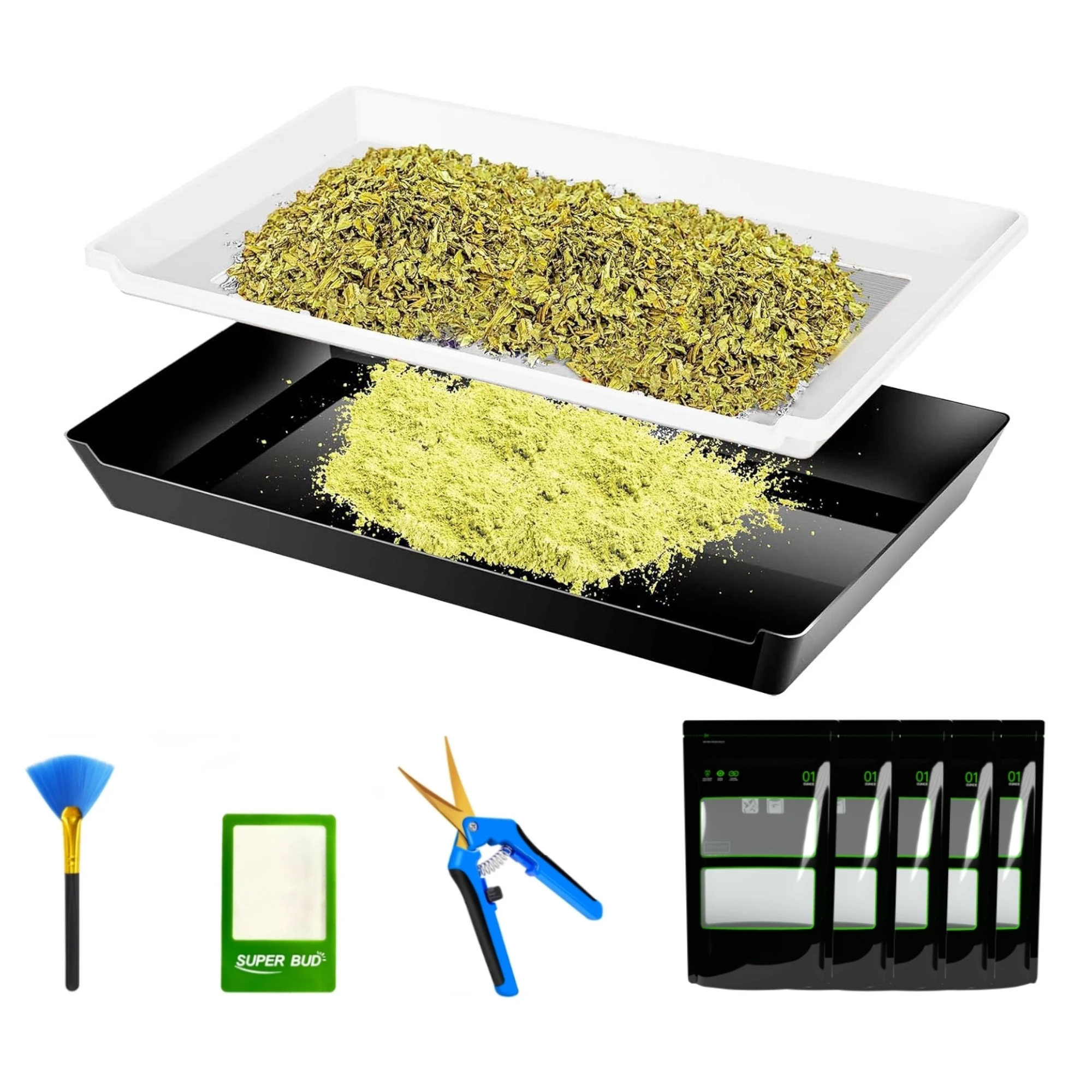 Kit vassoio di rifinitura con vassoio di rifinitura 12 x 20, schermo per polline da 150 micron, contenitore per raccolta inferiore, forbici, setaccio secco per fiori di piante erbose