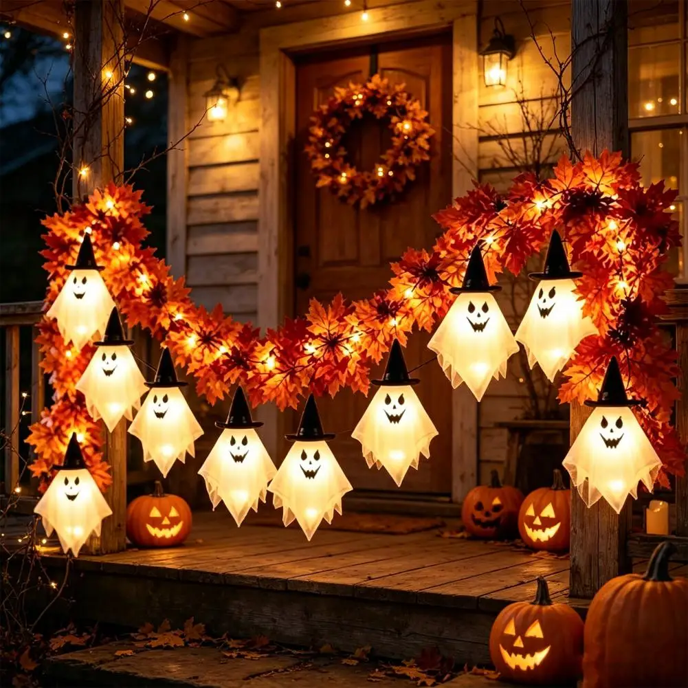 Halloween Ghost String Lights Theme Party Supplies 70 Inch Halloween Ghost Garland Spooky Led Maple Leaf String Lights for Party