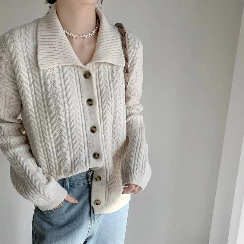 Autumn Korean Fashion Knitted Cardigan Women Single-breasted Sweater Jacket Solid Polo Neck Casual Women's Sweaters Knitwear