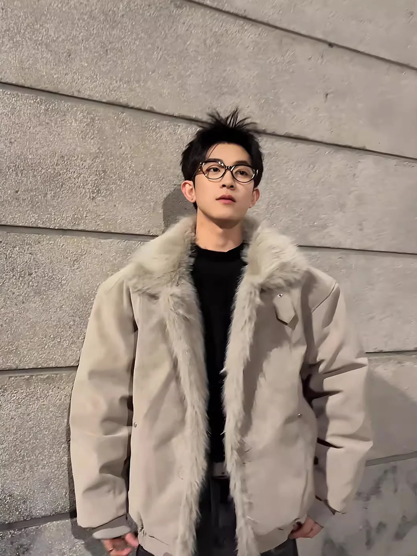 

ey Fur Collar Men's Cotton Jaet Winter Thiened Warmth PU Leather Fce Lined Stand Collar Coat Youth Faion Sle