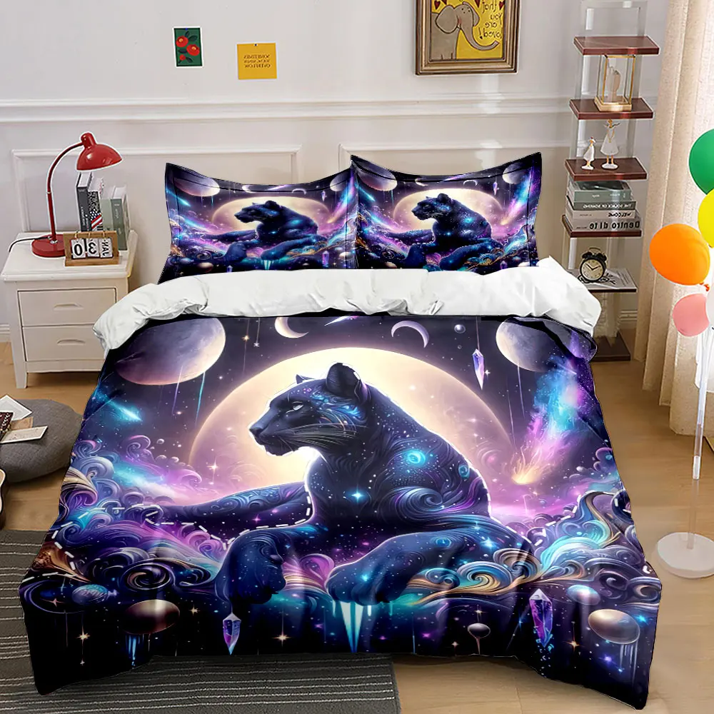 Mystical Panther Galaxy Decor Set Bedding Set with 1 Duvet Cover 2 Pillowcases Single Double King Queen, Gift