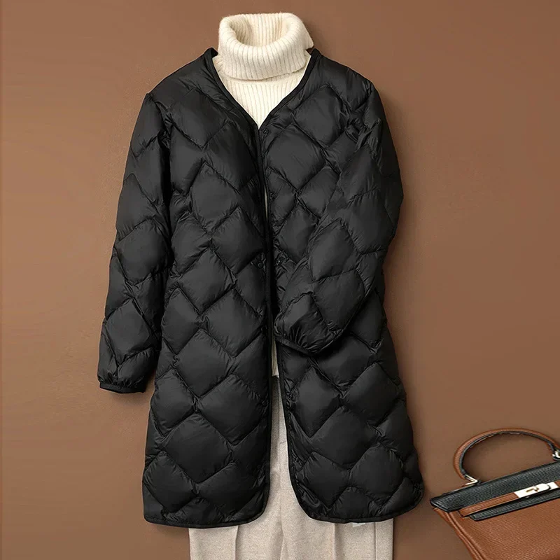 Women Quilted Jackets Long Ultra Light Winter Vintage Warm Coat Autumn Casual Black Slim Parkas