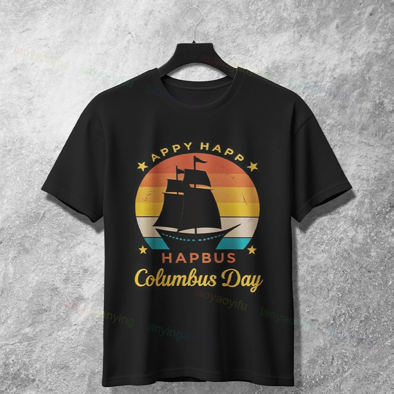 

Vintage Columbus Day Graphic T-Shirt - Happy Columbus Sailing Ship Printed 100% Cotton Short Sleeve Casual Tshirts Streetwear