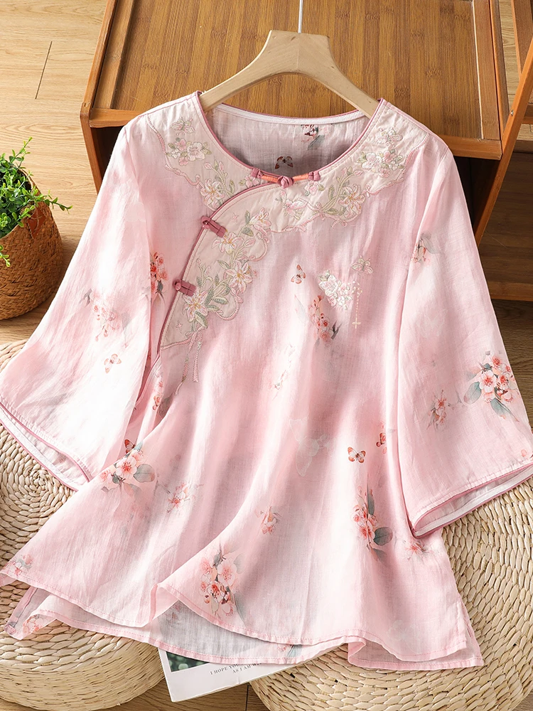 New Chinese Style Printed Shirt Women's Seven Sleeve Cotton Linen Upper Body Embroidery Button Slanting Collar Zen Tea Clothing
