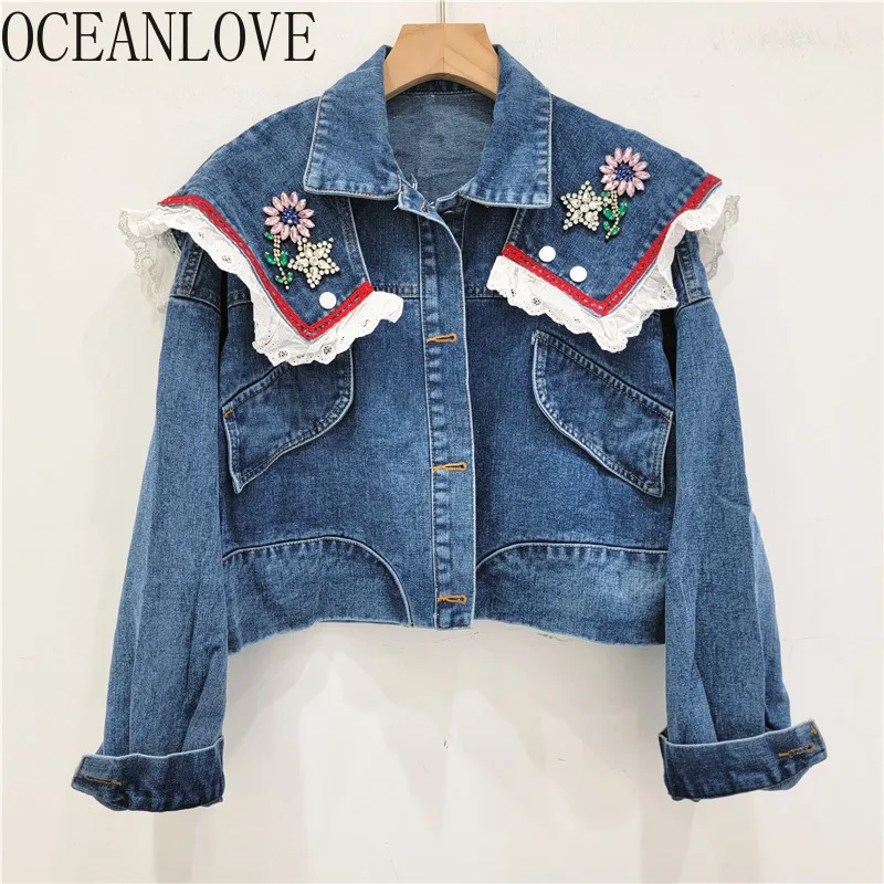 OCEANLOVE pizzo volant giacche di jeans per le donne floreale Vintage autunno inverno Chaqueta Mujer moda dolce Jaqueta Feminina