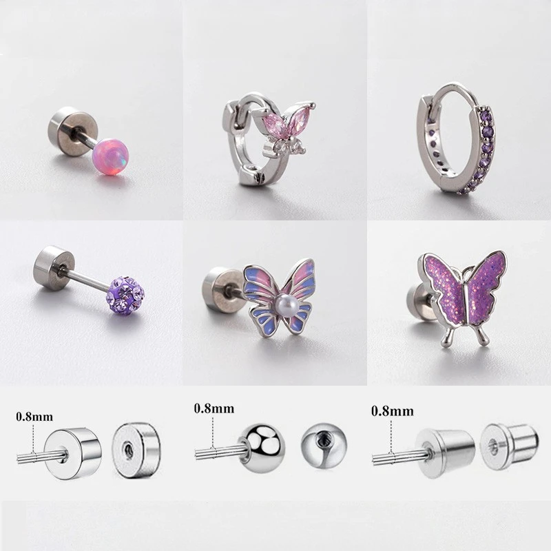 1PCS Purple Butterfly Earrings Piercing Women Cluster  Pearl Earring Flat Cartilage Stud Earring Zircon Hoop Piercing Jewelry