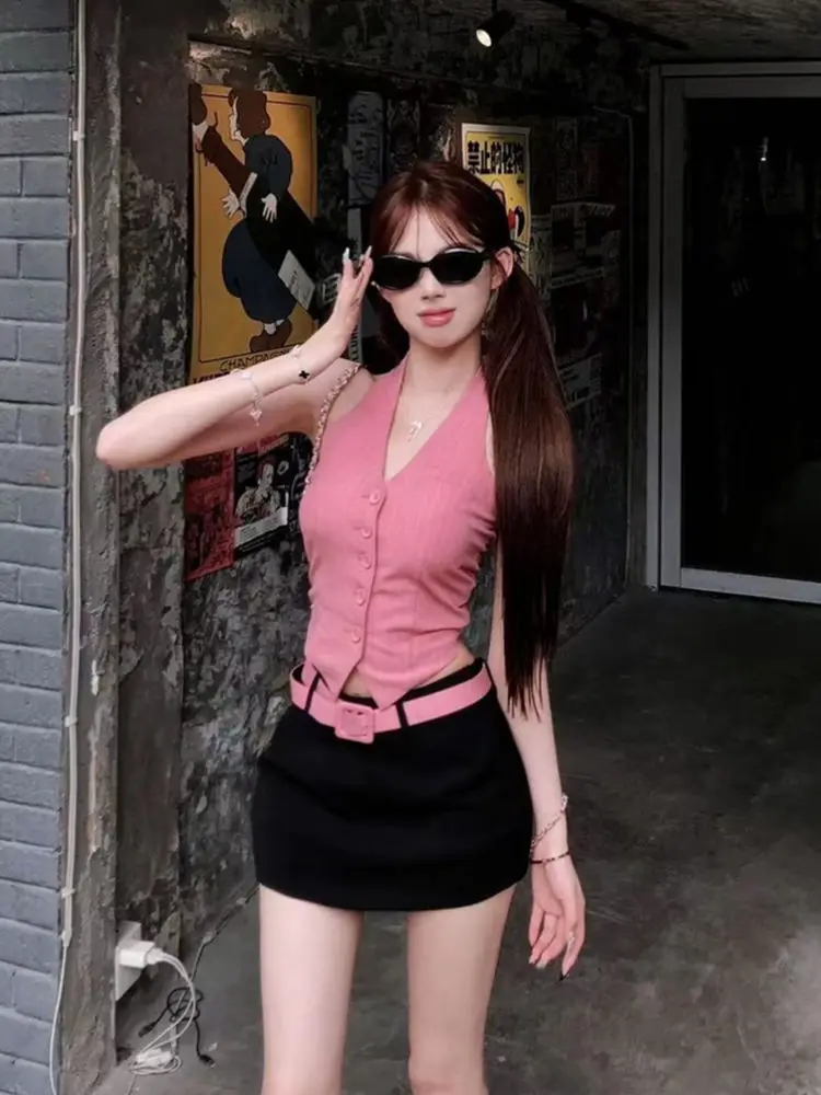 

Summer New High-end Designed Pink V-neck Sleeveless Halter Backless Vest Top + High Waist Skirt Two Piece Sets Womens Outifits