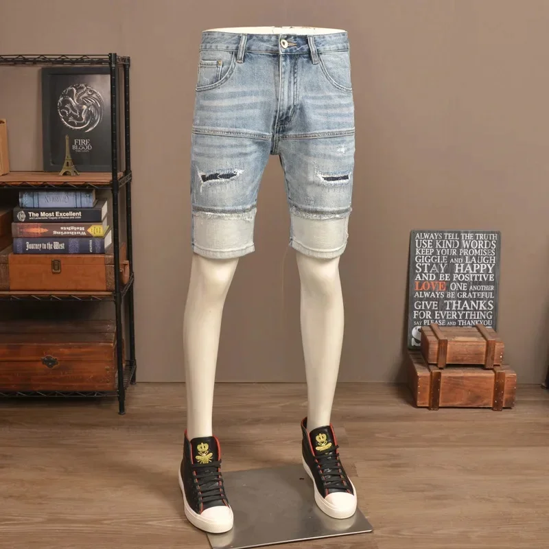 

Летние тонкие светлые рваные джинсы, шорты, мужские высококачественные облегающие эластичные повседневные брюки «пять четвертей»