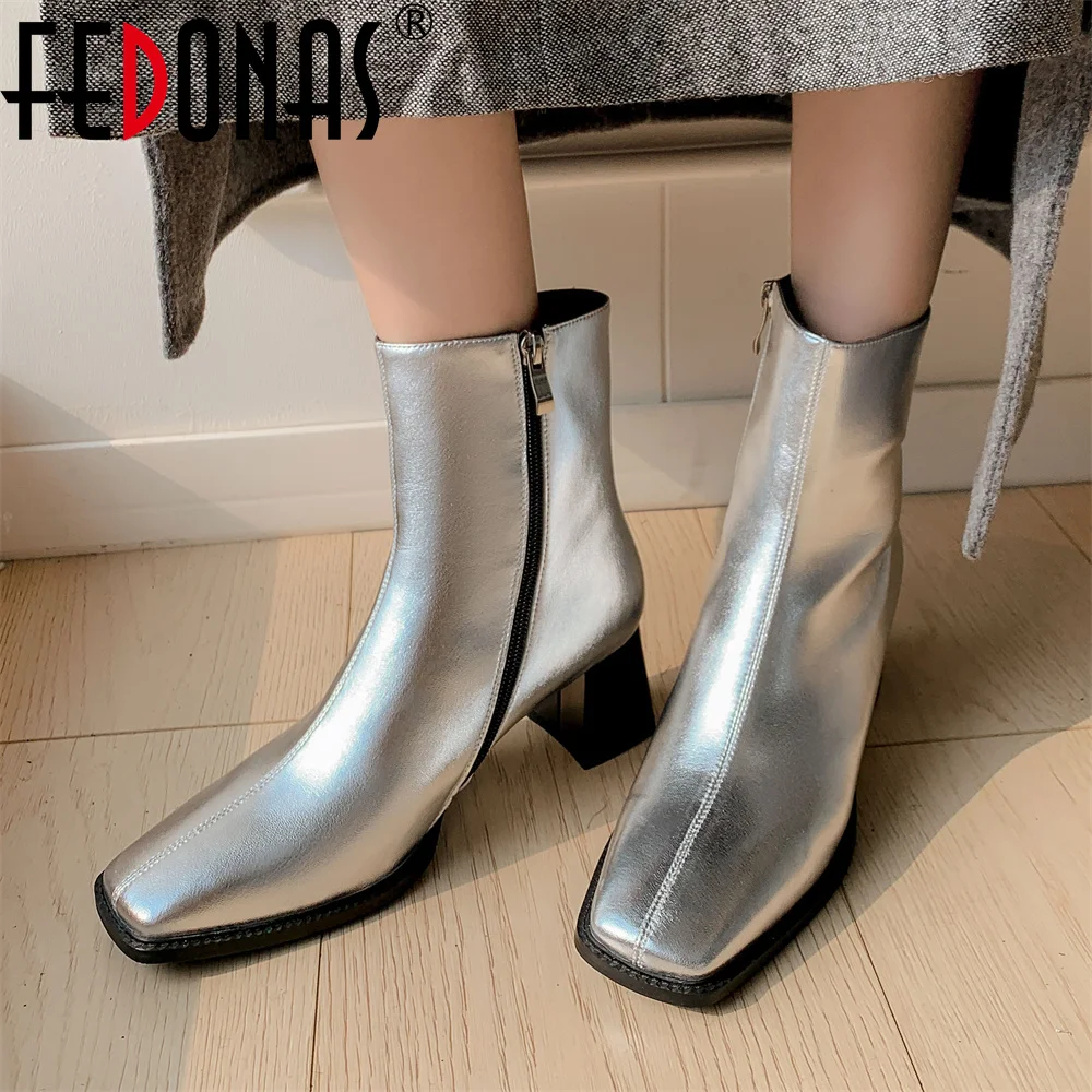 

FEDONAS New Women Genuine Leather Ankle Boots Thick High Heeled Side Zipper Basic Boots Elegant Square Toe Autumn Winter Boots