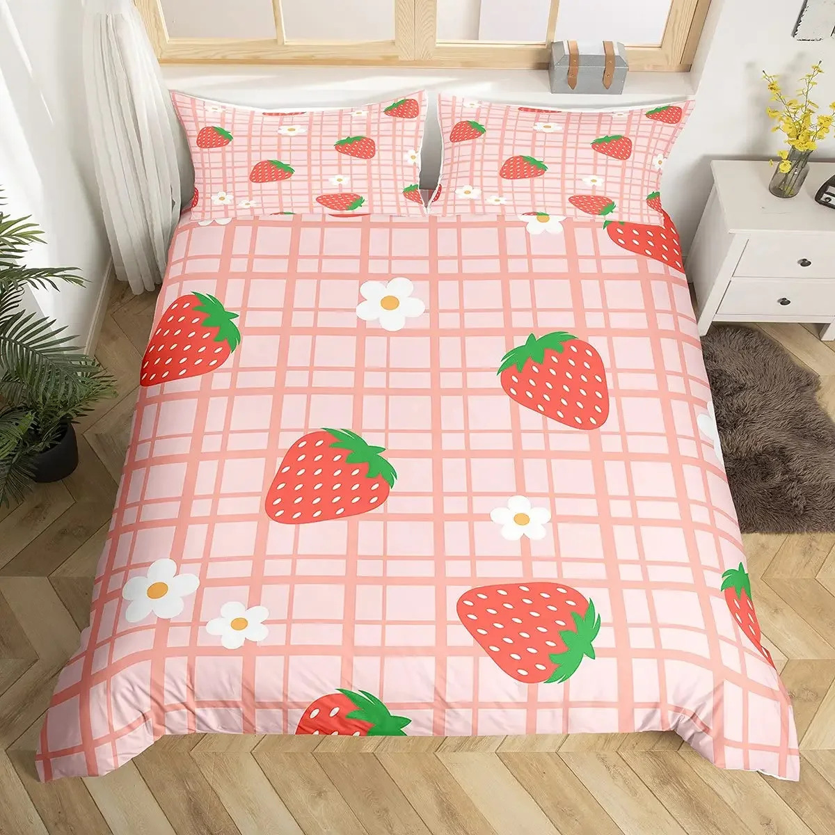 Strawberry Duvet Cover Set,Red Strawberry Bedding Set for Girls Cute Black White Geometric Plaid Grid Comforter Cover Full Size