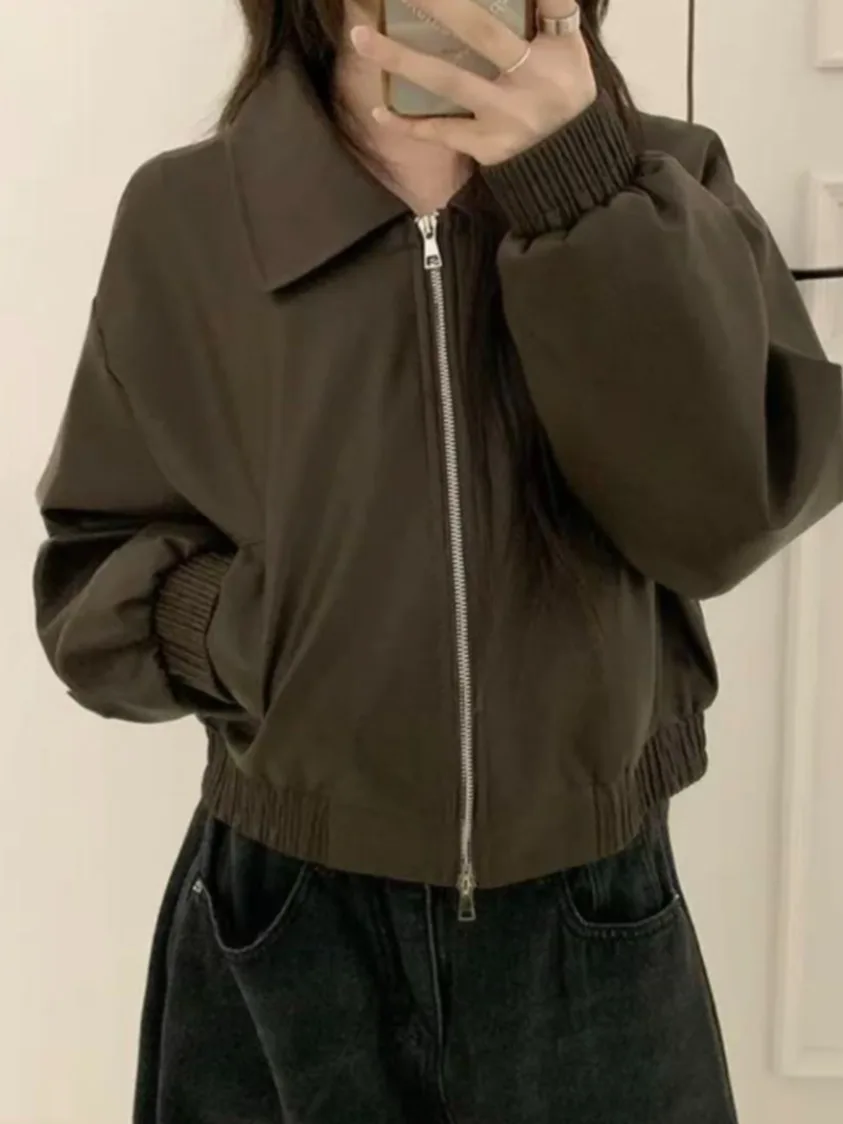 Chique outono inverno com zíper duplo solto ajuste longo Sve gola ort couro Jaet feminino Faion Retro Sle PU Leath...