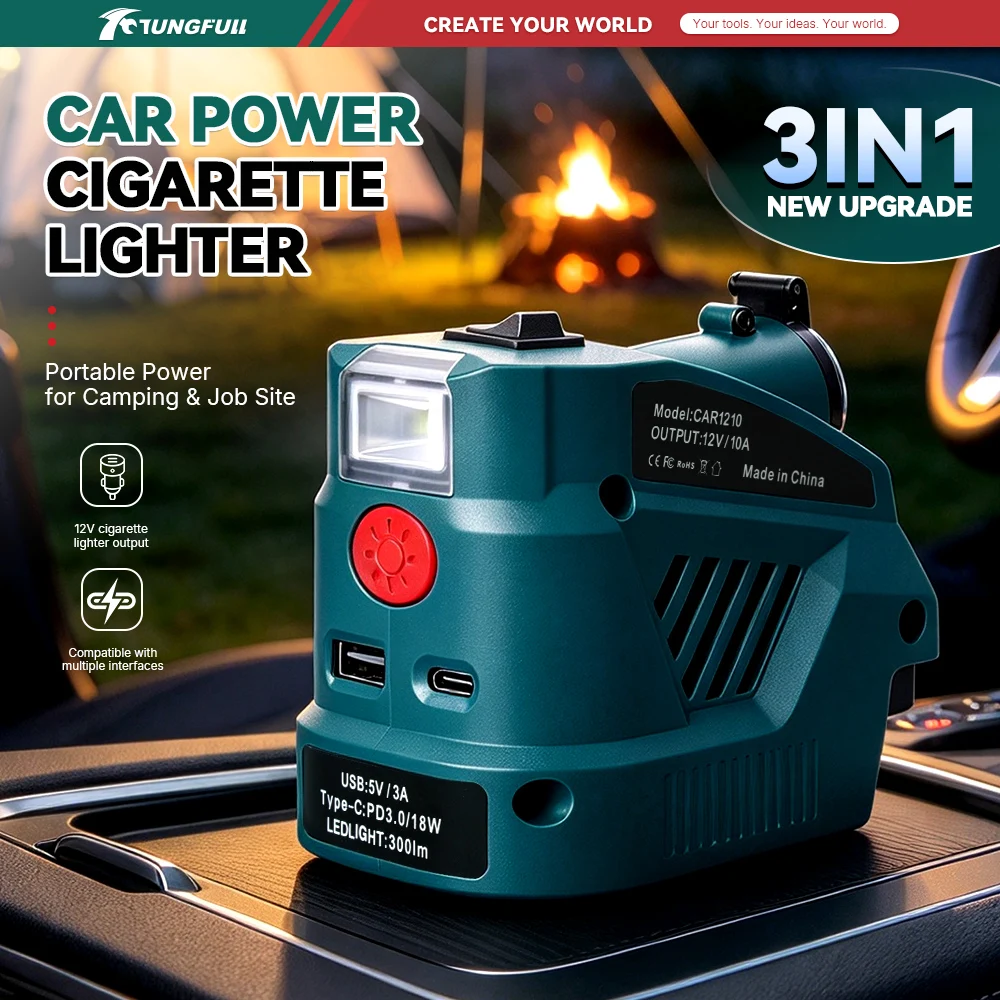 20V to 12V Step Down Converter for Makita Milwaukee Dewalt, Car Cigarette Lighter USB Type-C Power Adapter with LED Light