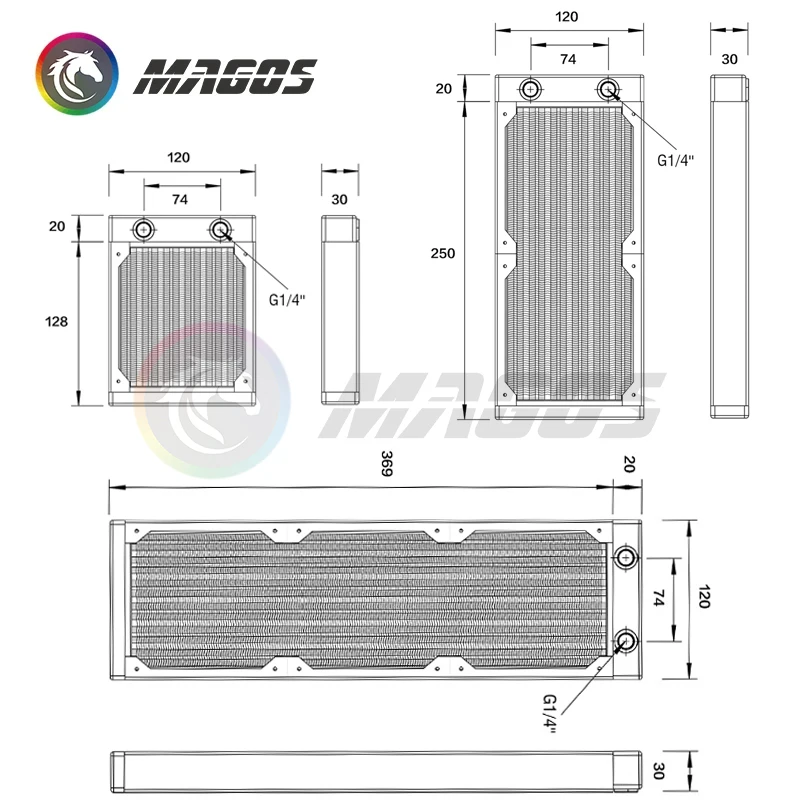 Imagem -02 - Radiador de Refrigeração de Água de Cobre Completo 120 240 360 mm Barbatana Vermelha Cobre Fileira Fria para Cpu Gpu Ram Dissipador de Calor Trocador 12cm Ventilador Radiador