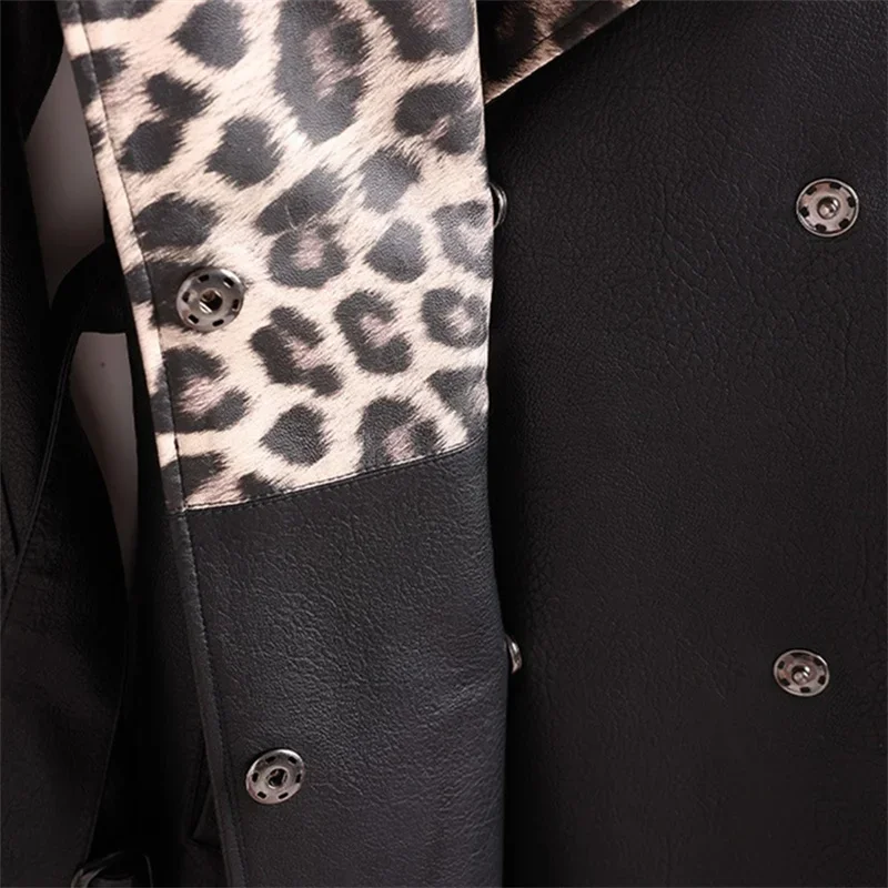 2025 인조 가죽 트렌치코트 여성용 엑스트라 롱 오버코트 봄 가을 배색 레오파드 칼라 허리끈 바람막이 스트리트웨어