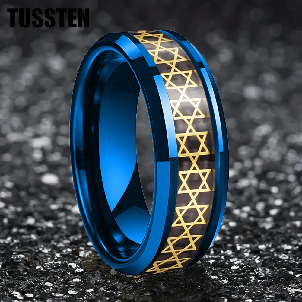 Dropshipping TUSSTEN 8mm Men\'s Ring Inlaid Golden Hexagram Star Men\'s Tungsten Ring Comfortable Fit