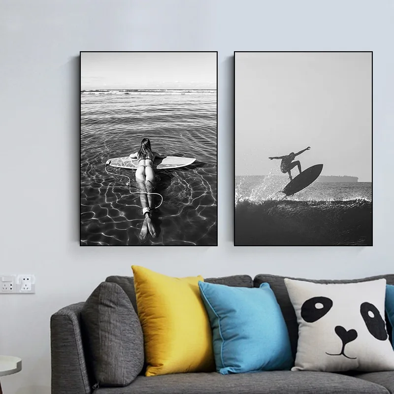 Black and White Surfing Girl Poster Print Canvas Pictures Home for Living Room and Bedroom Wall Modern Decor Frameless Painting