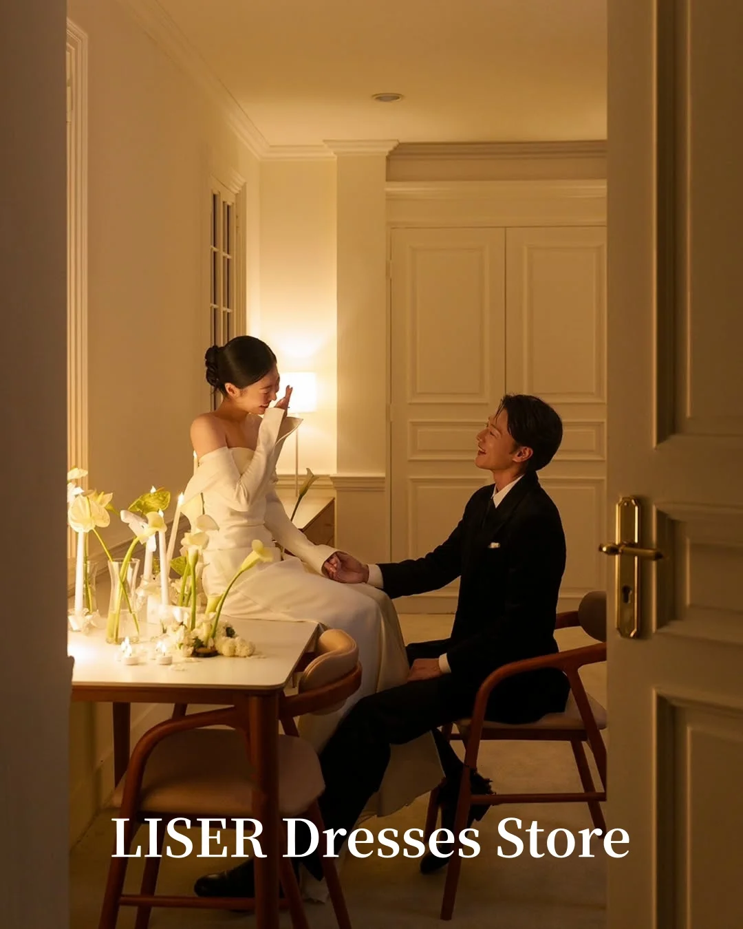 Liser Customized Elegant Boat Neck Korean Wedding Dresses A-Line Long Sleeves Simple Chic Bride Prom Party Gown 웨딩드레스