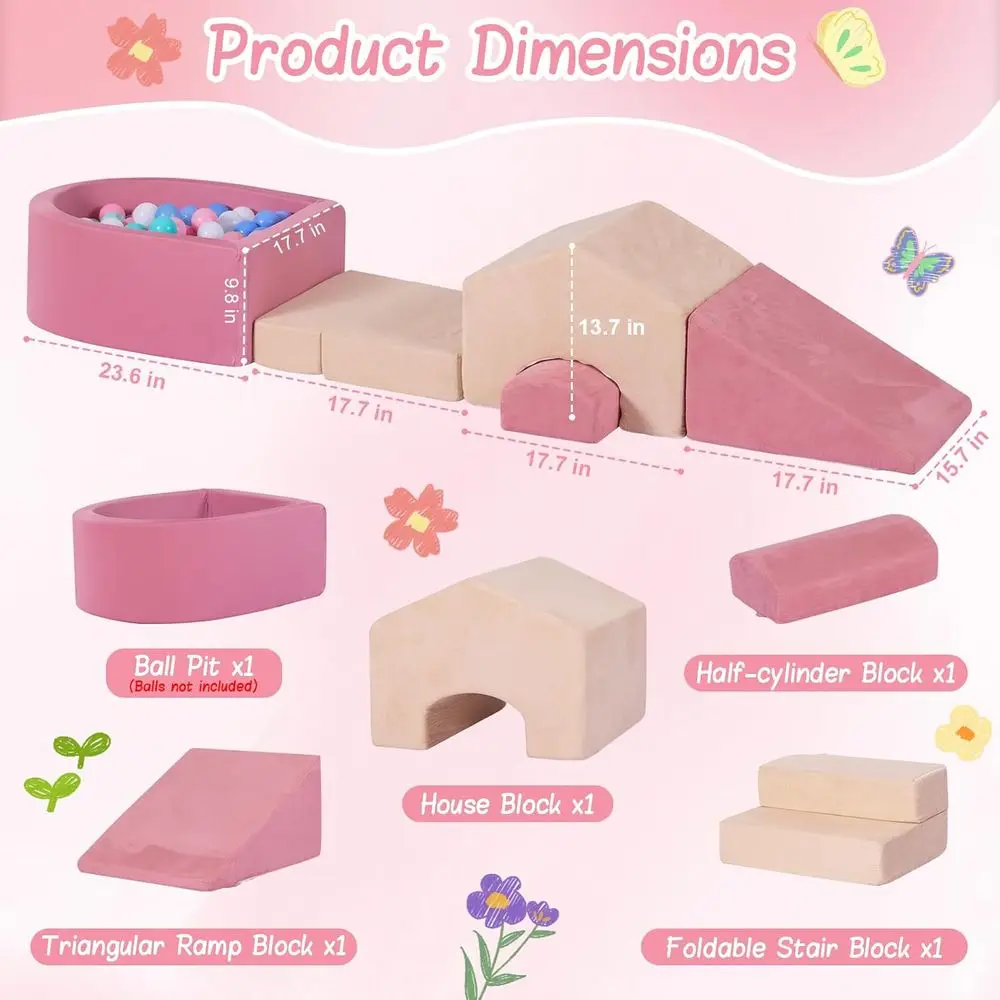 Blocchi da arrampicata in morbida schiuma per bambini - Set da gioco a forma di mini casa con pozzo per palline e tappetino pieghevole, rosa e beige