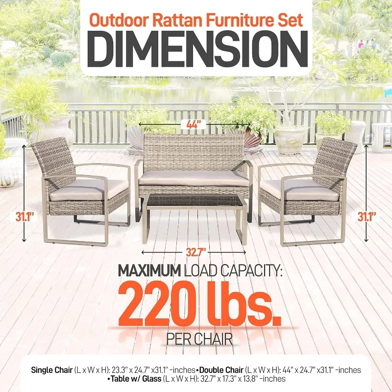 4 Piece Conversation/Chat Set, Outdoor Living Rattan Furniture, includes 1 Double & 2 Single Chairs with Cushion & 1 Glass-top