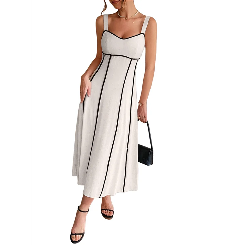 【SEE】Vestito lungo da donna a righe con cinturino per spaghetti ritagliato Abito lungo fluido