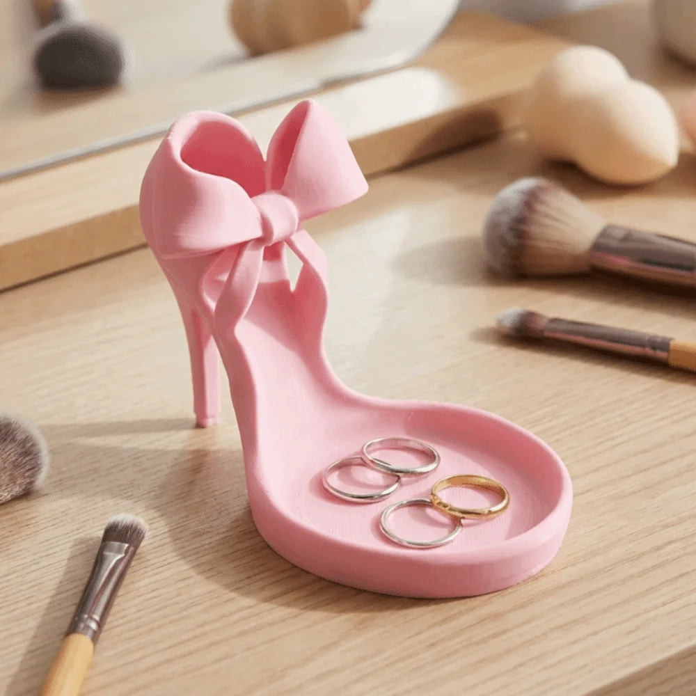 

3D Printed High Heel Jewelry Tray Mini INS Shoe-shaped Ring Holder with Bow Decoration Simple Jewelry Storage Tray