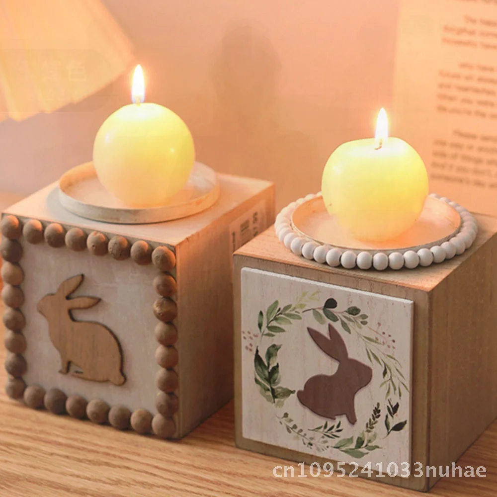 

Artistic Wooden Square Candlestick Desktop Decoration Home B&B Table Decor Wedding Party Shooting Props Little Grass Rabbit