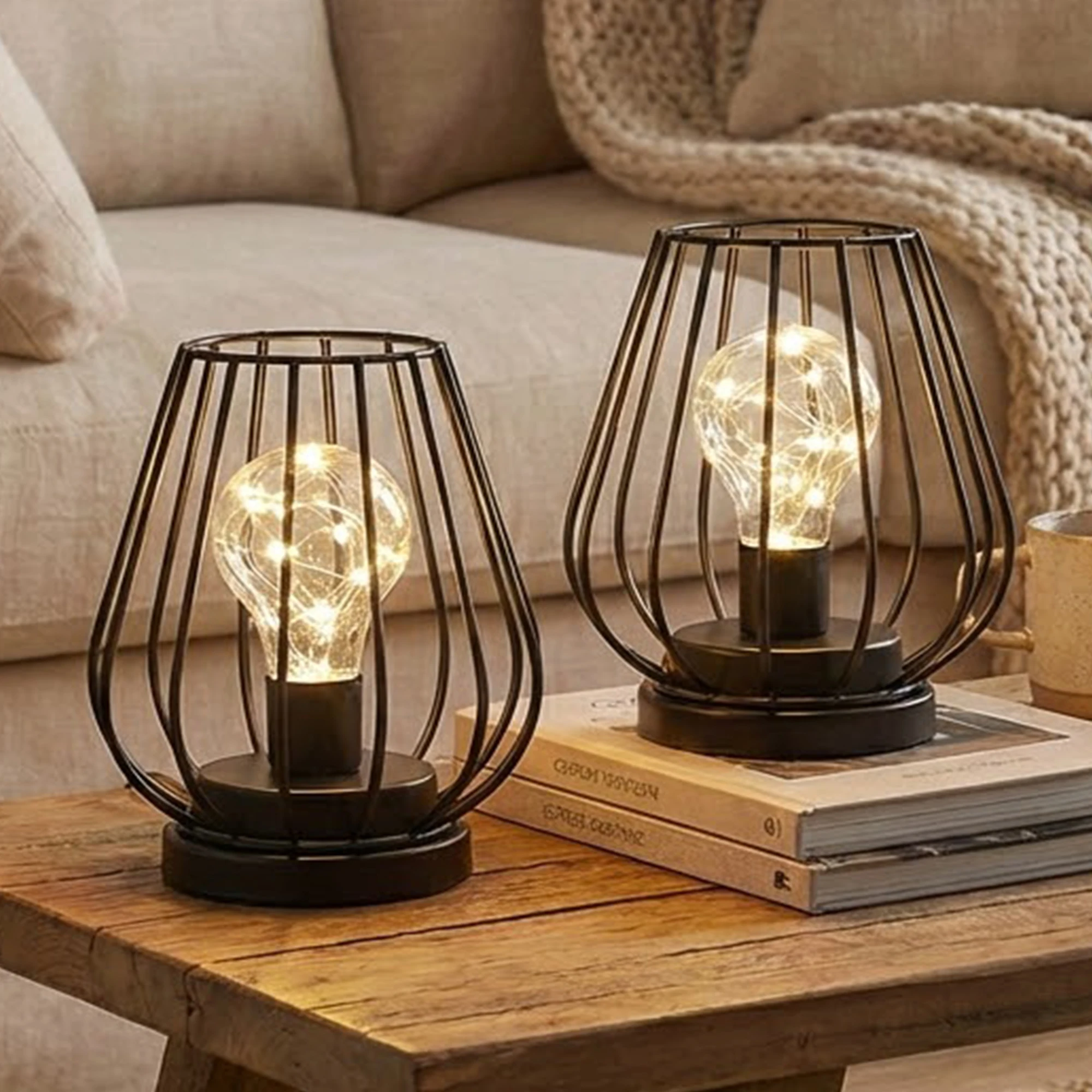 Set of 2 Metal Battery Operated Lamp 7'' Tall mini Cage Shape Cordless Table Lamp Battery Lanterns with Warm Fairy Lights Bulb