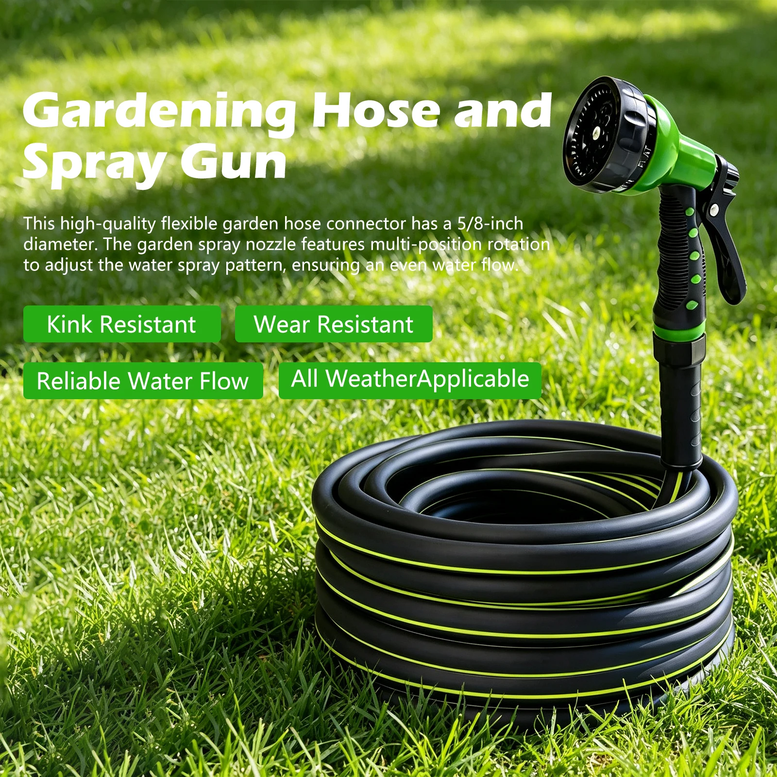 Garden Hose 15m, 6-Pattern Spray Nozzle, Flexible Lightweight Water Pipe