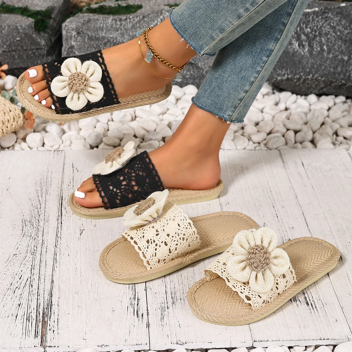 Women Crochet Flower Lace Slide Sandals Breathable Woven Straw Sole Flat Non Slip Indoor Outdoor Summer Beach Casual Slippers