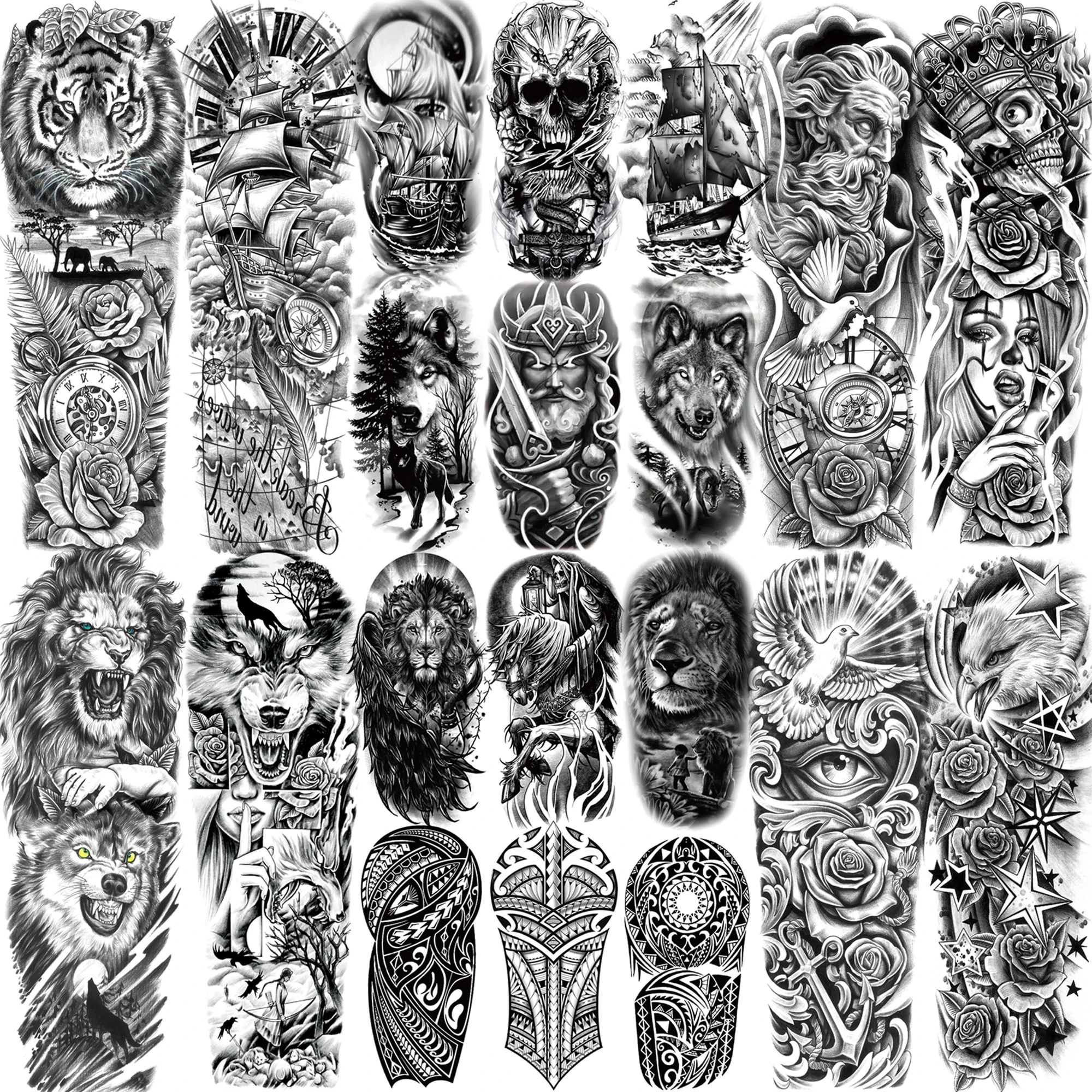 

1 лист, черный череп, Бог, волк, орел, временные татуировки для мужчин и женщин, татуировка на всю руку, рукав, наклейка, реалистичный поддельный корабль тигра, льва