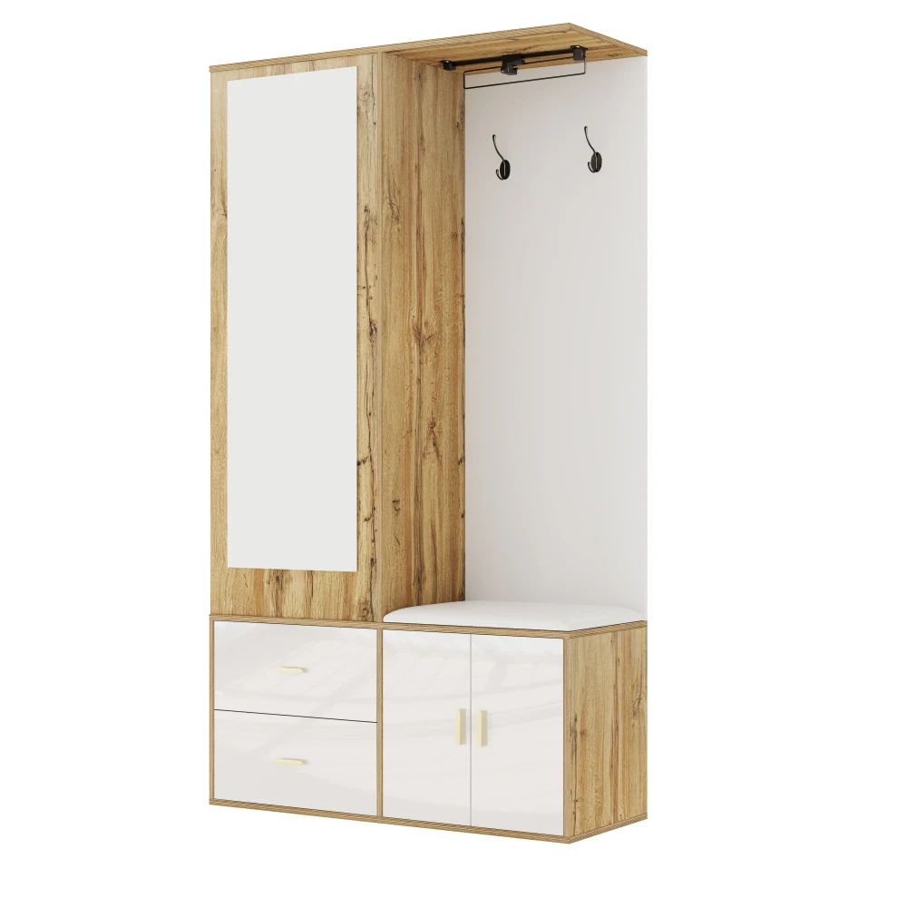 PINGGO Edles Garderoben-Set mit Spiegel, Schuhschrank, Schuhbank mit Haken, ausziehbarer Kleiderstange in Weiß und Holzfarben – Detail 13