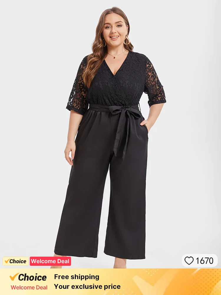 Plus Sized Clothing Elegant Jumpsuits & Rompers for Women V Neck Half Sleeve Patchwork Belt  Contrast Lace Pocket Party Dinner