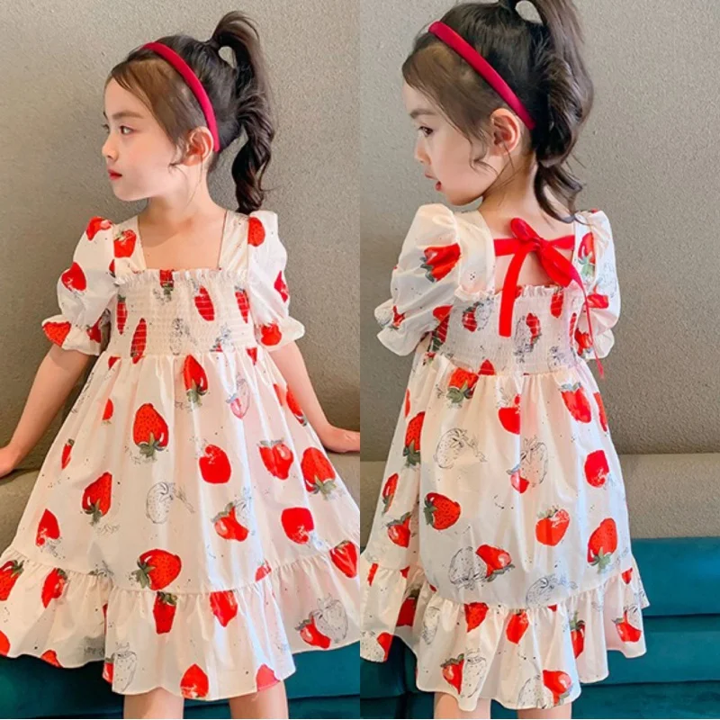 

Children's Strawberry Dress Summer Girl's Sweet Princess Dress Children Shirt3-8One-Piece Delivery for Children's Clothing