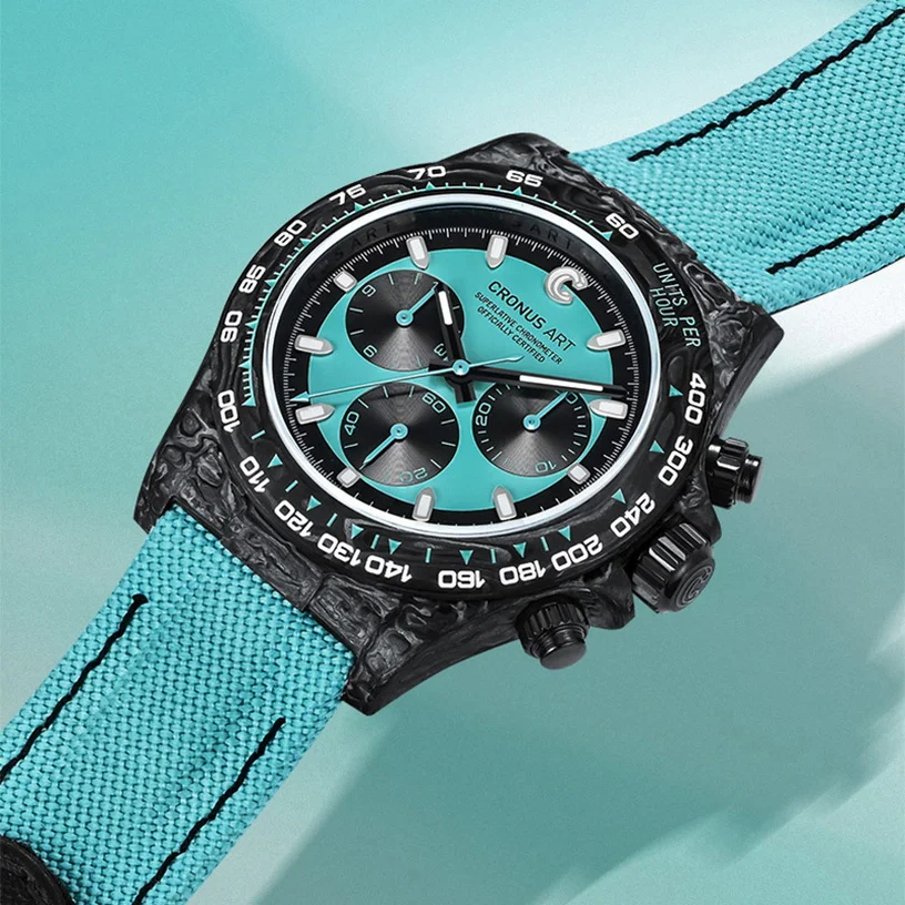 ساعة كرونوغراف للرجال من كرونوسارت 40 ملم، ساعة يد ميكانيكية أوتوماتيكية من ألياف الكربون، قماش مضيء، حزام جلدي رياضي #5