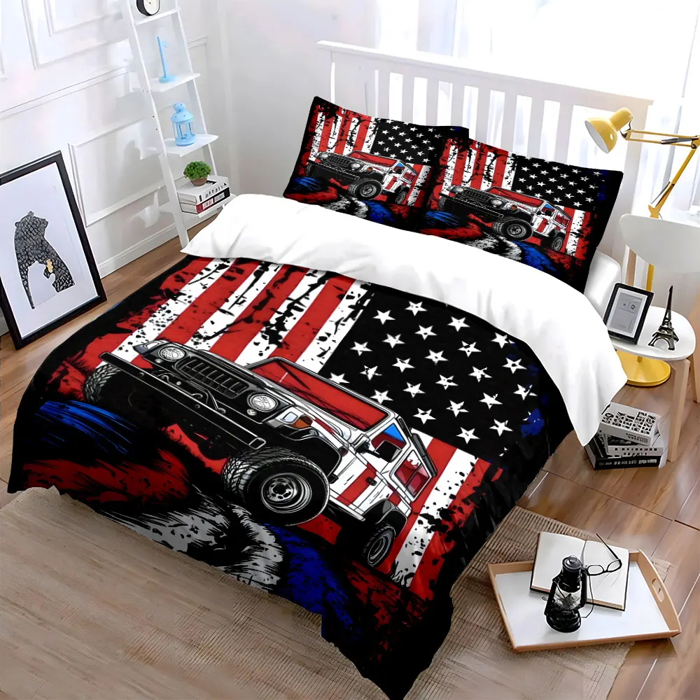 Off-road Vehicle with American Elements Bedding Set for Kids Luxury Gift 3pcs Digital Print Comforter Set Soft Comfortable