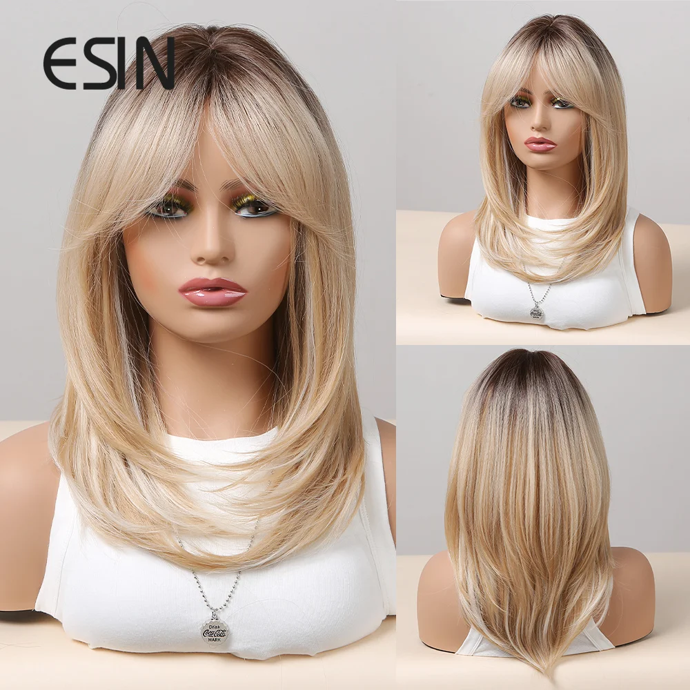 

ESIN Long Ombre Blonde Wigs For Women Layered Natural Synthetic Hair Wig With Bangs Cosplay Heat Resistant Synthetic Wig