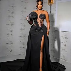 Customized Black Luxury Evening Dresses  Mermaid Satin Robes De Soirée One Shoulder Slit Prom Party Gowns Beaded Vestido Noche