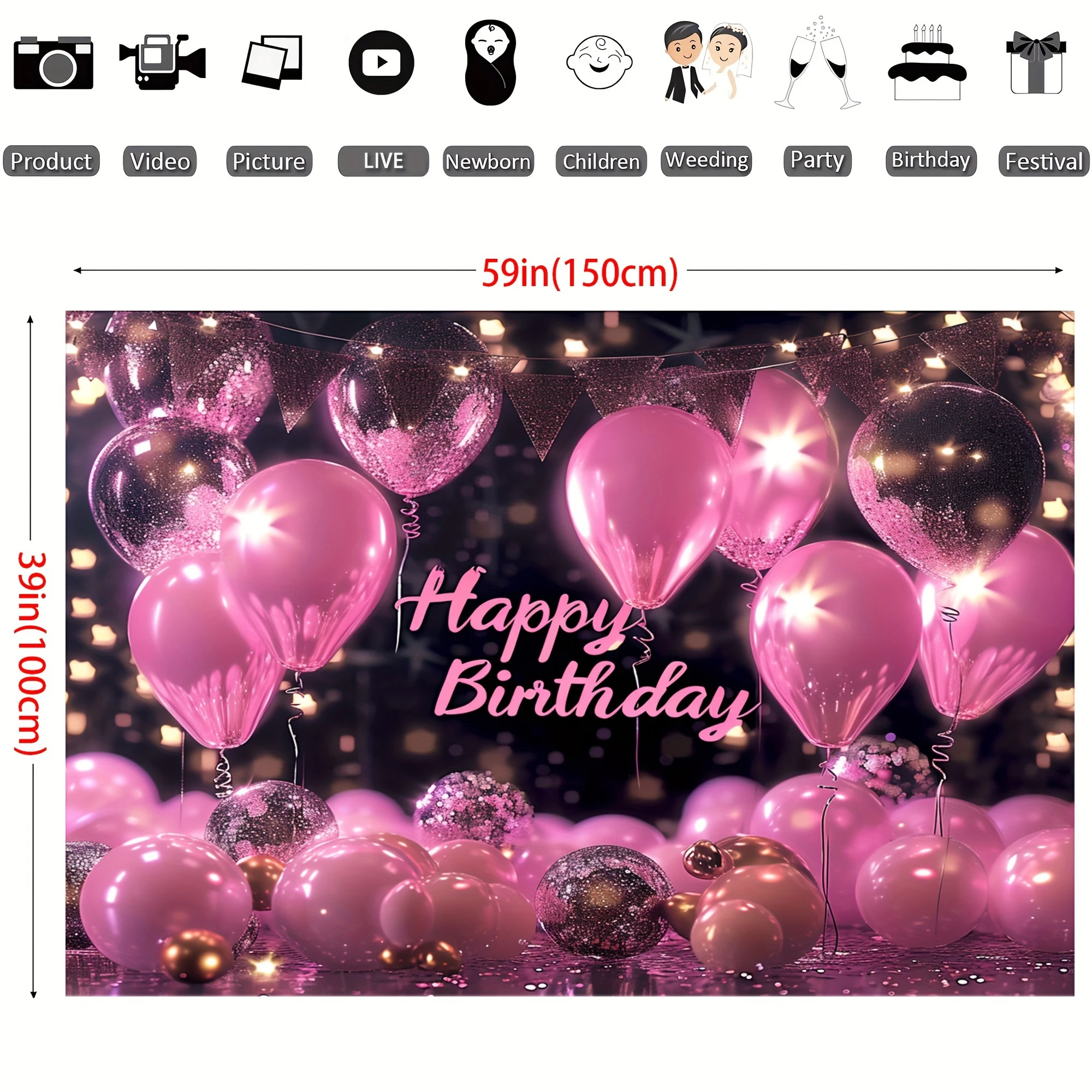 Pink and gold Happy Birthday background, sparkling black and rose gold party decorations, holiday birthday photography