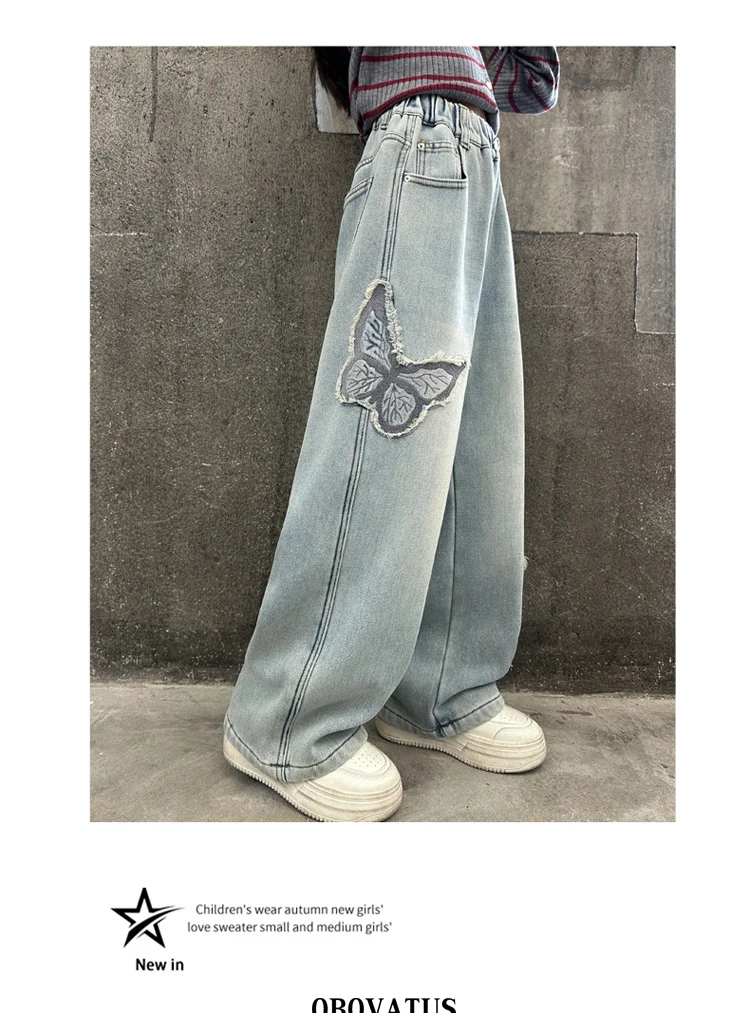 Modische Kinder-Vintage-Jeans in Blau mit Schmetterlings-Applikation für Mädchen, Slim Fit, Gerader Schnitt, Denim-Hosen für 5 bis 14 Jahre – Detail 2