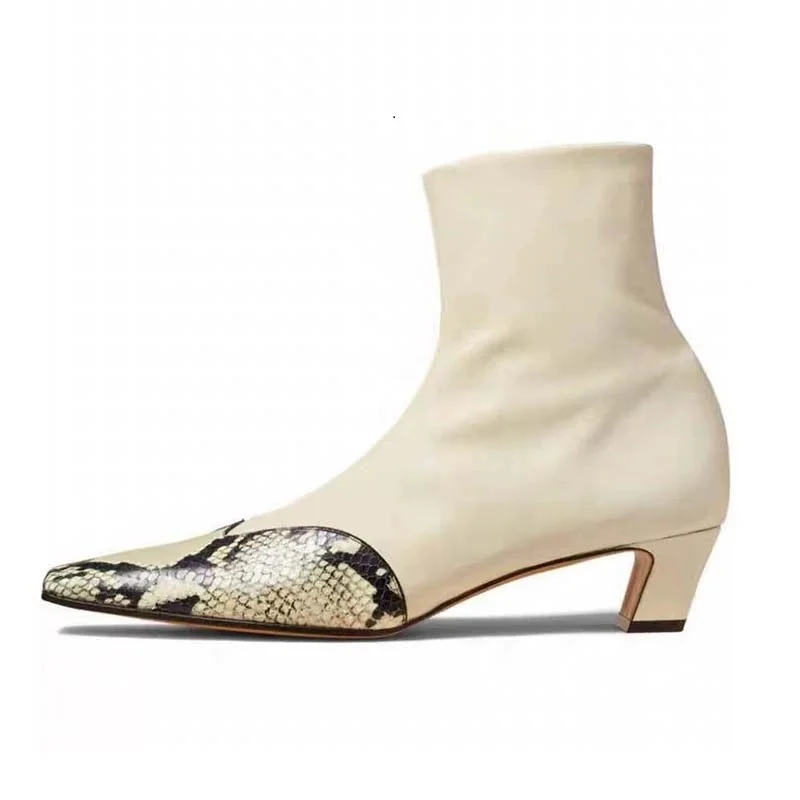 

2025 New Square Toe Snake Pattern Boots Women Mid Heel Color Blocked Side Zipper High Heels Slimming Fashion Bare Boots Size 45