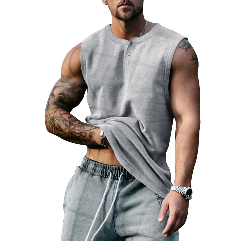 2025 Summer Men's Sleeveless Fashion Casual Basketball Men's Tank Top Large Round Neck Slim Solid Color T-shirt Men's Tank Top - Image 6