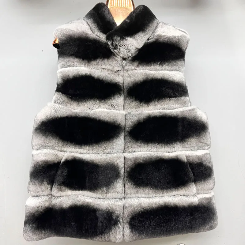 

2025 New Chinchilla Color Real Rex Rabbit Fur Vest Stand-up Neck Collar Gilet Furry Winter Thick Warm Short Luxury Waistcoat