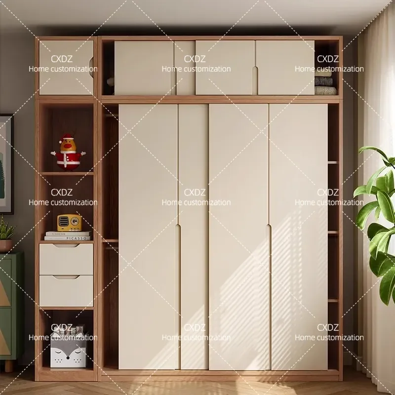 Solid Wood Oak Wardrobe Sliding Door Storage Cabinet Multi Functional Locker for Small Apartment Bedroom Household Furniture