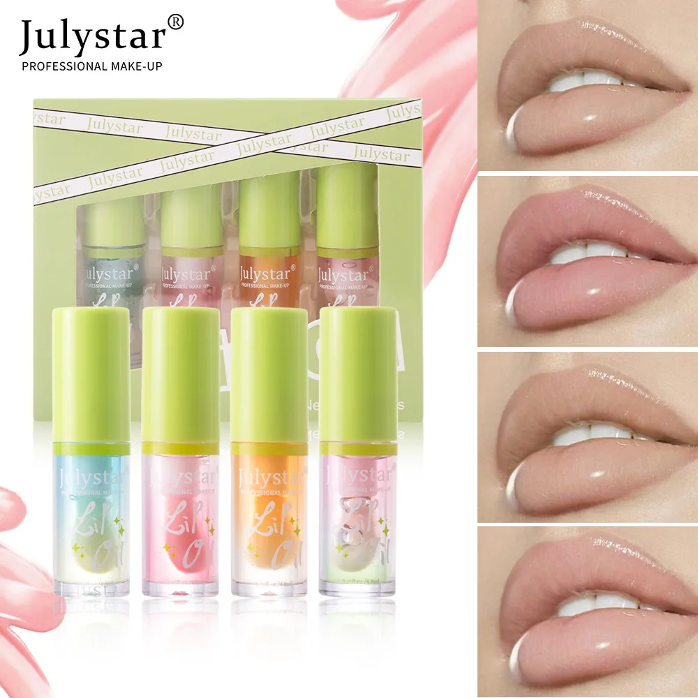 4Pcs Honeydew Flavor Lip Oil Set Applicator Wand Glossy Mirror Watery Finish Shiny Lip Gloss Nourishing Daily Lip Makeup Kit